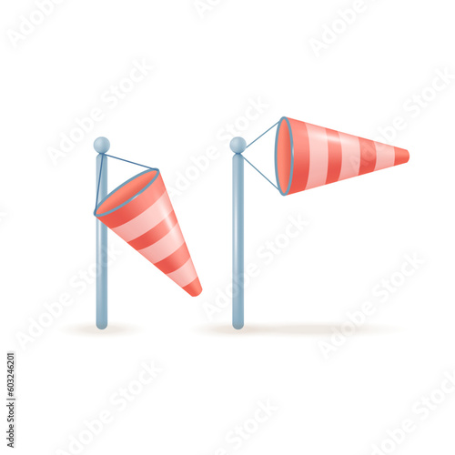 Windsock icons 3d vector illustration. Red and white wind cone indicating wind force and speed in cartoon style isolated on white background. Weather forecast, meteorology concept