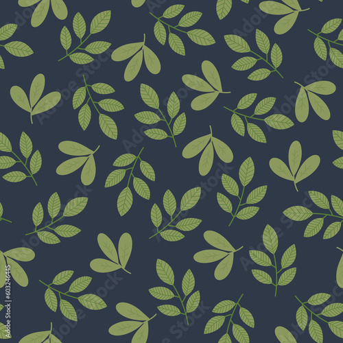 Leaves seamless pattern. Green brunches with leaves on dark background. Spring herbal allover print