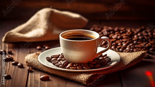 White, steaming coffee cup with heart-shaped background on an antique table with bags of coffee beans. GENERATE AI