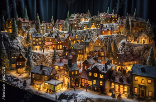 a christmas village is illuminated with lights in front of it, generative AI