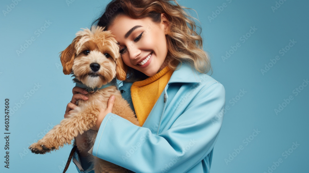A pretty young woman's smile reflects the deep affection and friendship she shares with her loving dog against blue studio background. Generative AI A pretty young woman's smile reflects the deep affection and friendship she shares with her loving dog against blue studio background. Generative AI