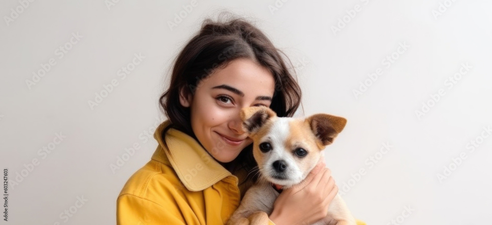 A moment of pure love as a young woman hugs her devoted dog, her best friend on a white studio background. Generative AI A moment of pure love as a young woman hugs her devoted dog, her best friend on a white studio background. Generative AI