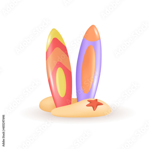 Surfboards on sand 3d vector illustration. Surfing sport equipment on beach in cartoon style isolated on white background. Summer, tourism, vacation, travel concept