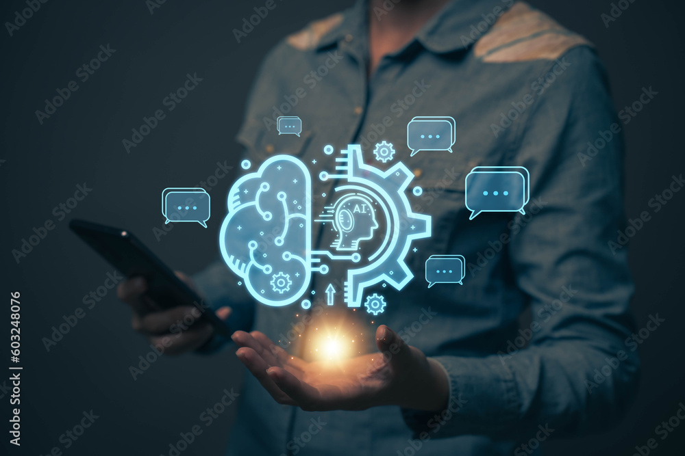 Chatbot chat with AI artificial intelligence. Concept of using AI technology to help work in order to work easier and faster. Future technology development business Chatbot chat with AI artificial intelligence. Concept of using AI technology to help work in order to work easier and faster. Future technology development business