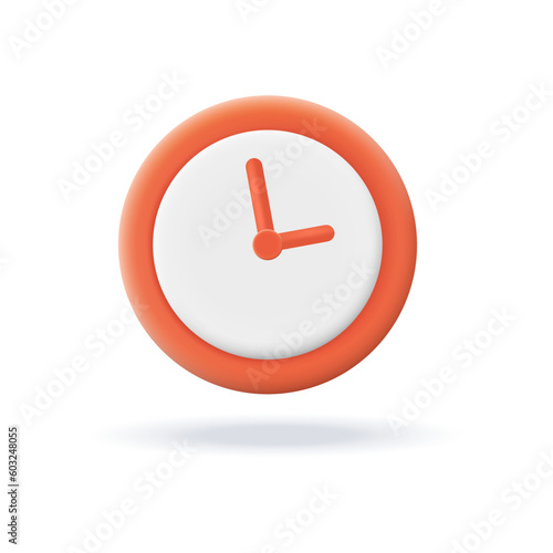 Red clock 3d vector illustration. Timer symbol for social media or apps in cartoon style isolated on white background. Online communication, digital marketing concept