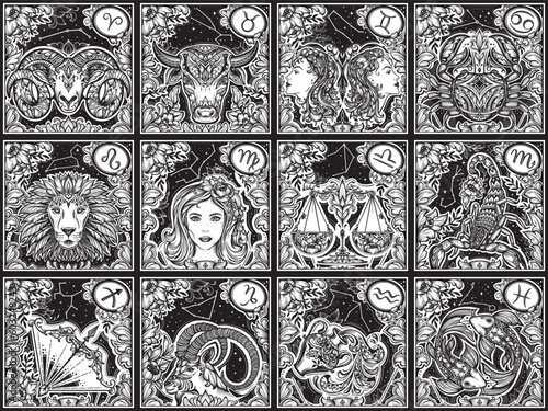 Beautiful black and white square cards with zodiac signs and flowers in ornate victorian style. Seamless pattern.