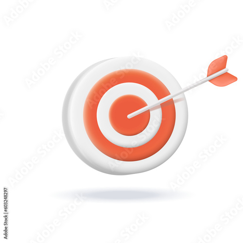 Target with arrow 3d vector illustration. Achieving goal symbol for social media or applications in cartoon style isolated on white background. Online communication, digital marketing concept