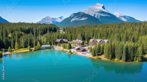 Crystal-clear lake nestled amidst a pristine landscape of towering pine trees. Majestic snow-capped mountains rise majestically against the canvas of a clear blue sky. Generative AI