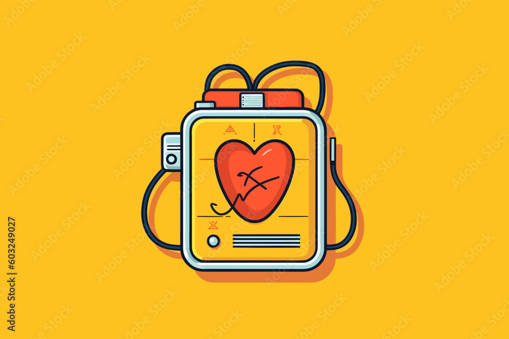 Doodle inspired Defibrillator, cartoon sticker, sketch, vector