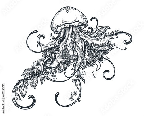 Vector hand drawn black and white illustration of jellyfish and flowers