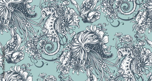 Beautiful vector seamless pattern with hand drawn graphic beautiful ornate sea animals and flowers