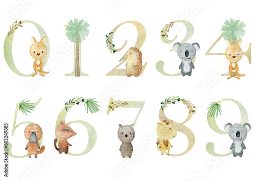 Watercolor australian animals numbers for invitation card, nursery poster and other.