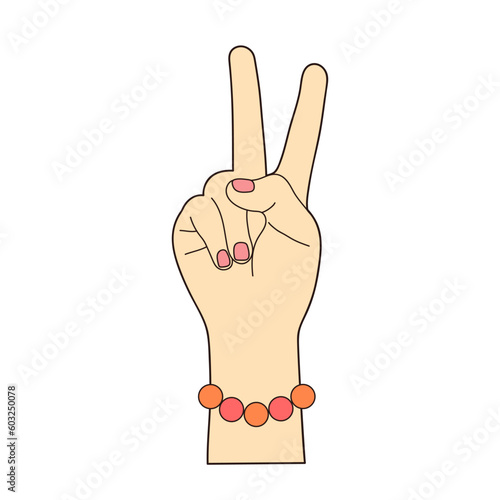 Female hand showing peace sign. Hippie symbol. Gesture with fingers lifted up showing number two. Vector illustration isolated on white background.