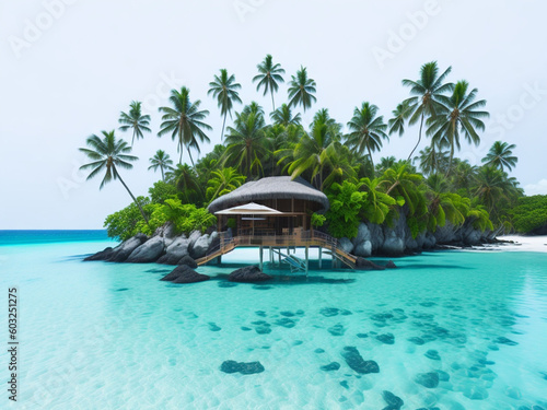 Small island in Maldives with few palm trees and blue lagoon. AI generated.