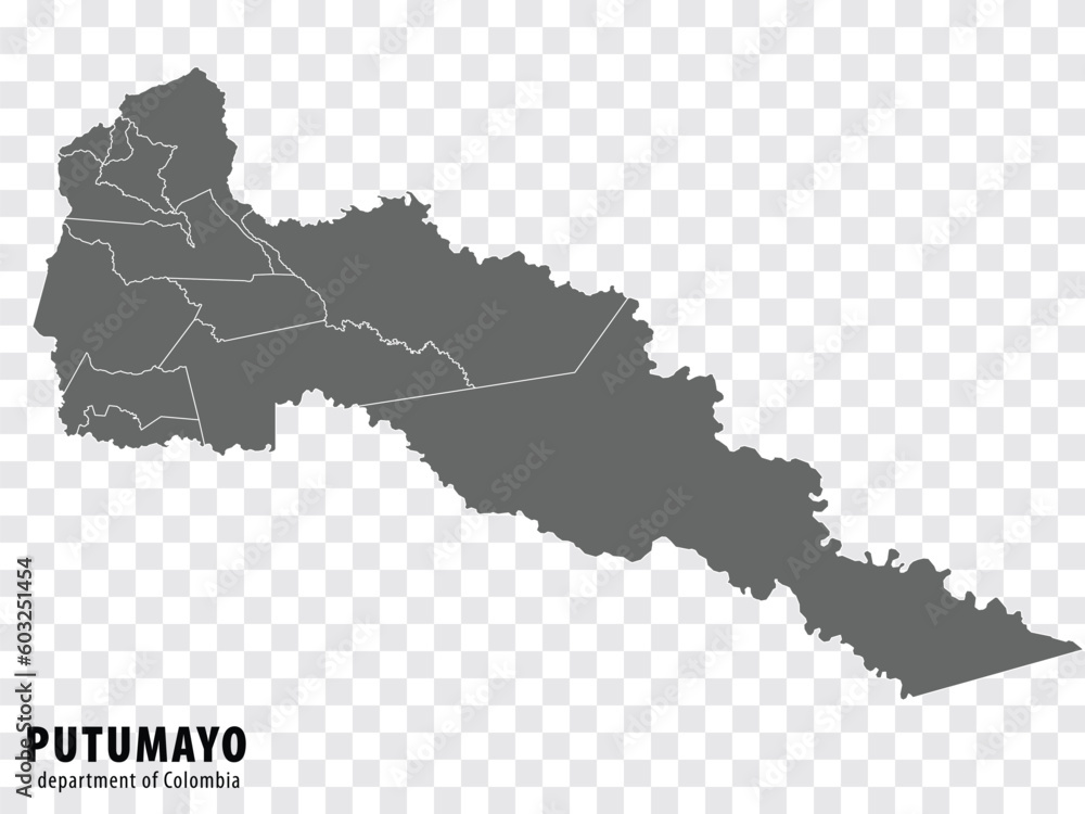 Putumayo Department of Colombia map on transparent background. Blank map of  Putumayo  with  regions in gray for your web site design, logo, app, UI. Colombia. EPS10.