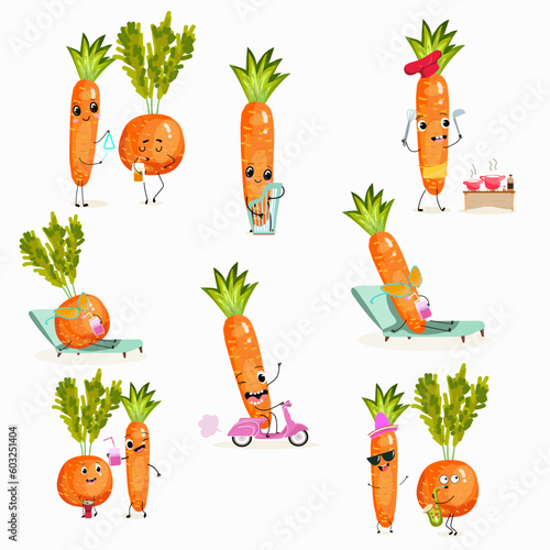  Illustration vector set, collection with funny vegetables characters of paris carrot, pectin,
 beta carotene, vegetarian, daucus carota, dutch carrot. Funny and healthy food. Vitamins, cute face food