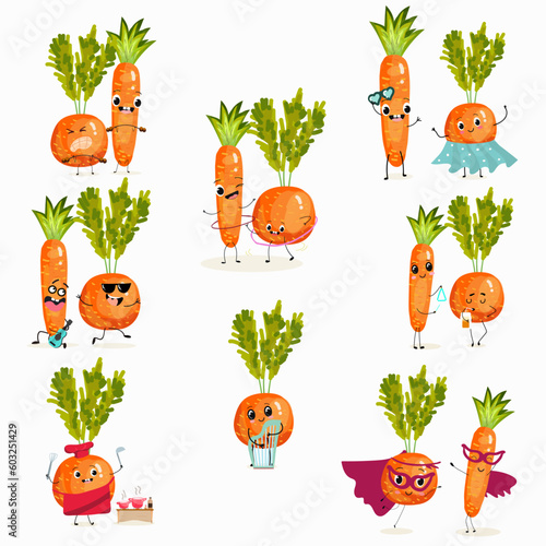  Illustration vector set, collection with funny vegetables characters of paris carrot, pectin,
 beta carotene, vegetarian, daucus carota, dutch carrot. Funny and healthy food. Vitamins, cute face food