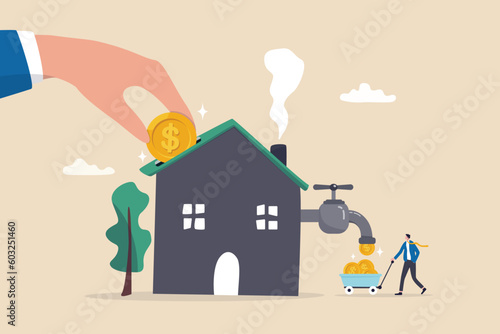 Property or real estate investment, buy a house for rental profit, ROI, return on investment or mortgage, house ownership or investing opportunity concept, businessman hand put coin with money return.
