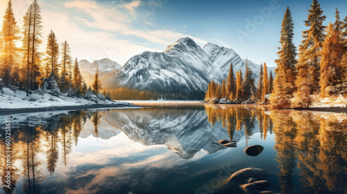 Crystal-clear lake nestled amidst a pristine landscape of towering pine trees. Majestic snow-capped mountains rise majestically against the canvas of a clear blue sky. Generative AI