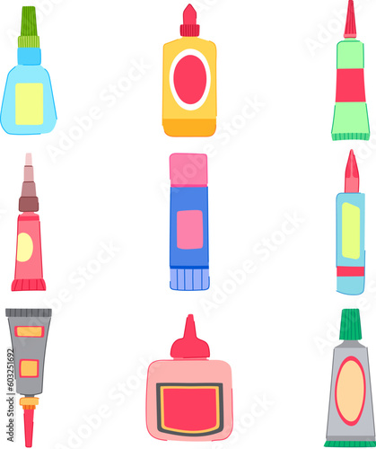 glue bottle set cartoon. school office, container adhesive, stick craft, sticky plastic glue bottle sign. isolated symbol vector illustration