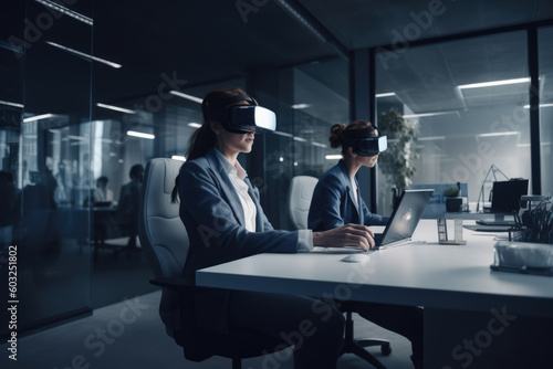Office worker woman in vr helmet. Female using Virtual reality display in office tasks generative ai.