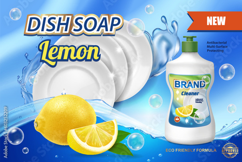 Dish washing soap with lemon ads. Clean plates and plastic bottle of dishwasher gel. Realistic 3d vector illustration
