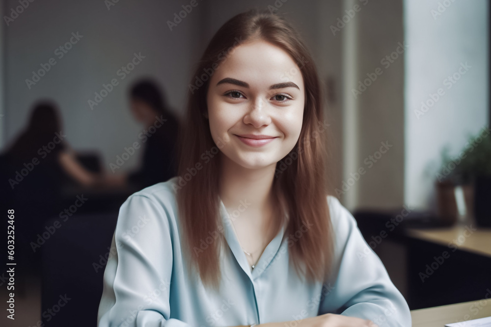 © Surachetsh - A young Western woman in professional attire sits at her desk in a well lit office, looking directly at the camera with a confident expression generative AI. © Surachetsh - A young Western woman in professional attire sits at her desk in a well lit office, looking directly at the camera with a confident expression generative AI.