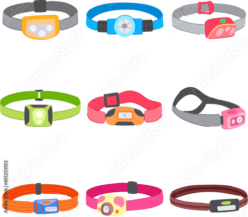 headlamp flashlight set cartoon. equipment light, dark man, electric bright, camp head headlamp flashlight sign. isolated symbol vector illustration