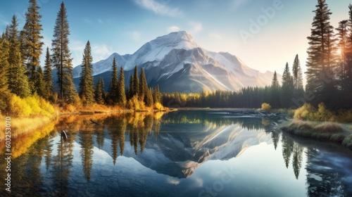 Crystal-clear lake nestled amidst a pristine landscape of towering pine trees. Majestic snow-capped mountains rise majestically against the canvas of a clear blue sky. Generative AI © piai