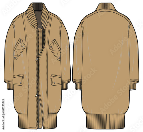 Winter Long Coat Jacket  Front and Back View. Fashion Illustration, Vector, CAD, Technical Drawing, Flat Drawing, Template, Mockup.