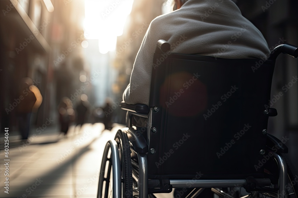 Rear view of a disabled person sitting in a wheelchair against the backdrop of city streets. Generative AI Rear view of a disabled person sitting in a wheelchair against the backdrop of city streets. Generative AI