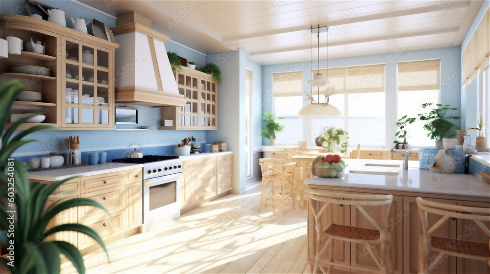 Fototapeta premium Generative AI, Seaside Serenity: A Coastal Style Kitchen
