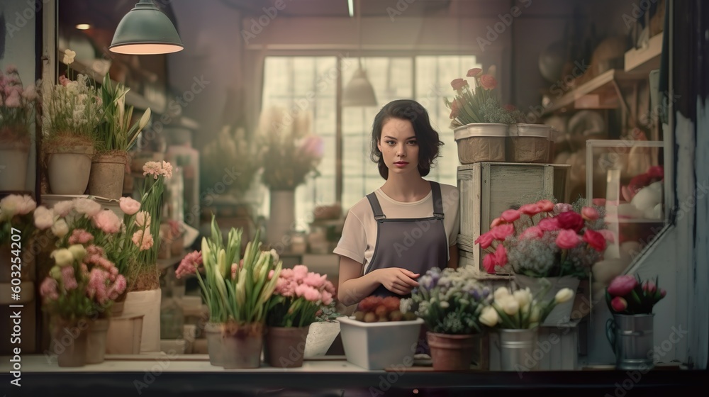 Young female florist in grey apron small business flower shop owner receiving order in floral shop with various flowers.