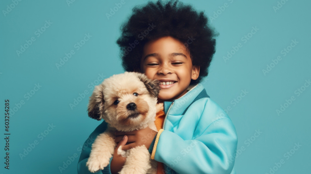 An afro boy smiles as he embraces his dog in this warm studio photo. Generative AI An afro boy smiles as he embraces his dog in this warm studio photo. Generative AI
