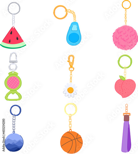 ring keychain set cartoon. metal key, chain holder, silver steel, blank round ring keychain sign. isolated symbol vector illustration