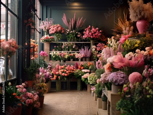 Floral shop interior. Floral design studio, decorations and arrangements. Generative Ai technology.