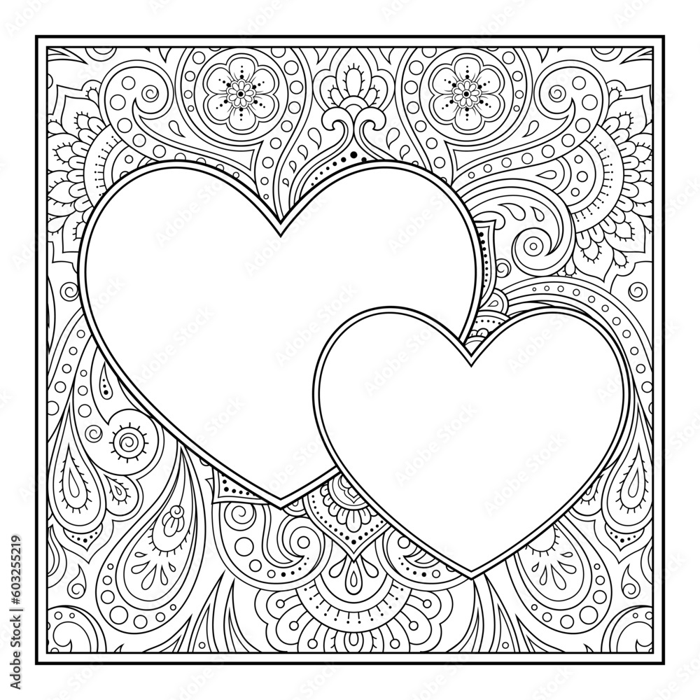 Frame in eastern tradition. Stylized with henna tattoos decorative pattern for decorating covers for book, notebook, casket, magazine, postcard and folder. Flower Heart in mehndi style. Frame in eastern tradition. Stylized with henna tattoos decorative pattern for decorating covers for book, notebook, casket, magazine, postcard and folder. Flower Heart in mehndi style.