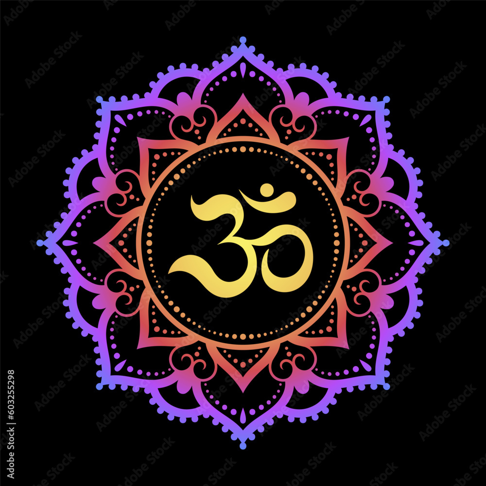 Color Circular pattern in form of mandala with ancient Hindu mantra OM and flower for Henna, Mehndi, decoration. Decorative ornament in oriental style. Rainbow design on black background.
