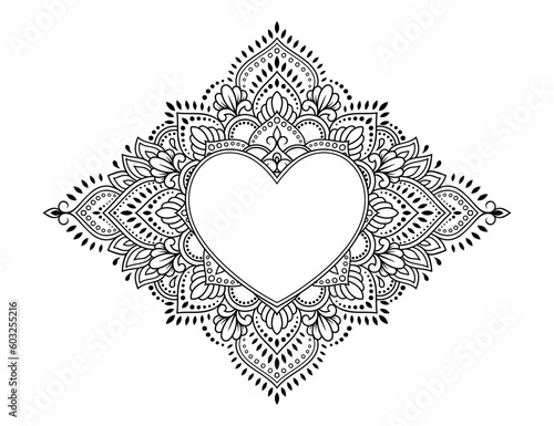 Circular pattern in form of mandala with frame in shape of heart. Decorative ornament in ethnic oriental mehndi style. Outline doodle hand draw vector illustration. Antistress coloring book page.
