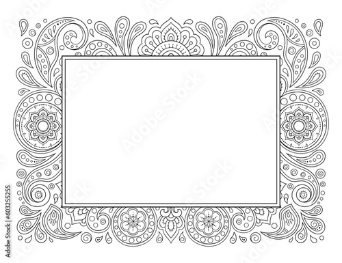 Frame in eastern tradition. Stylized with henna tattoos decorative pattern for decorating covers for book, notebook, casket, magazine, postcard and folder. Flower border in mehndi style.