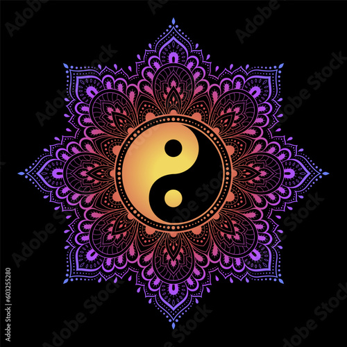 Color Circular pattern in form of mandala with ancient hand drawn symbol Yin-yang for decoration. Decorative ornament in oriental style. Rainbow design on black background.