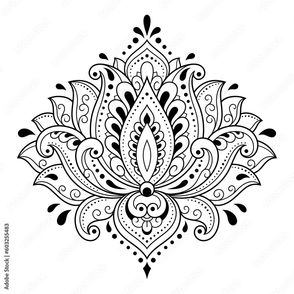 Lotus mehndi flower pattern for Henna drawing and tattoo. Decoration in oriental, Indian style. Doodle ornament. Outline hand draw vector illustration.