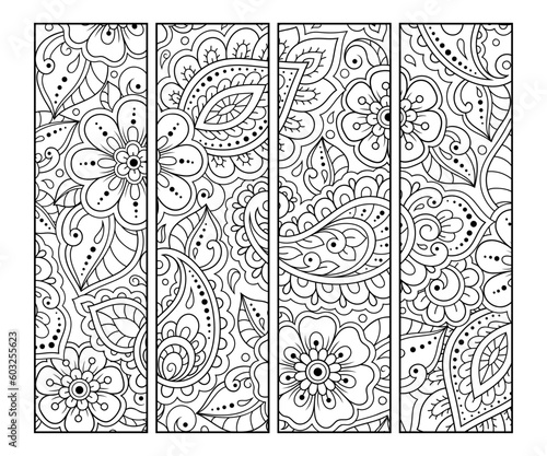 Printable bookmark for book - coloring. Set of black and white labels with flower patterns, hand draw in mehndi style. Sketch of ornaments for creativity of children and adults with colored pencils.