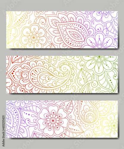 Set of design yoga mats. Floral pattern in oriental style for decoration sport equipment. Colorful ethnic Indian ornaments for spiritual serenity. Decor of business card, poster, print in henna tattoo