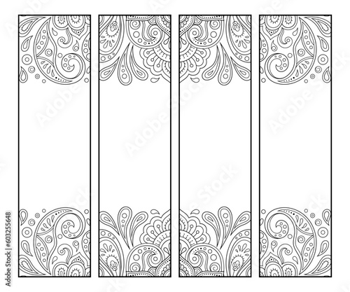Printable bookmark for book - coloring. Set of black and white labels with flower patterns, hand draw in mehndi style. Sketch of ornaments for creativity of children and adults with colored pencils.