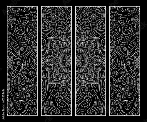 Printable bookmark for book - coloring. Set of black and white labels with flower patterns, hand draw in mehndi style. Sketch of ornaments for creativity of children and adults with colored pencils.