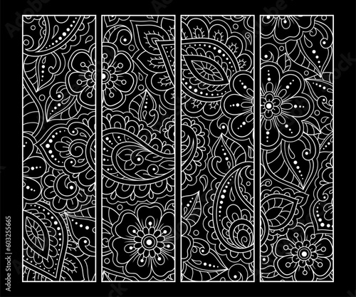 Printable bookmark for book - coloring. Set of black and white labels with flower patterns, hand draw in mehndi style. Sketch of ornaments for creativity of children and adults with colored pencils.