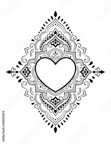 Circular pattern in form of mandala with frame in shape of heart. Decorative ornament in ethnic oriental mehndi style. Outline doodle hand draw vector illustration. Antistress coloring book page.