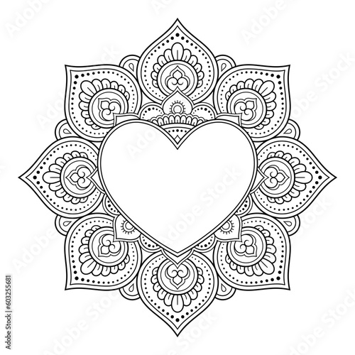 Circular pattern in form of mandala with frame in shape of heart. Decorative ornament in ethnic oriental mehndi style. Outline doodle hand draw vector illustration. Antistress coloring book page.