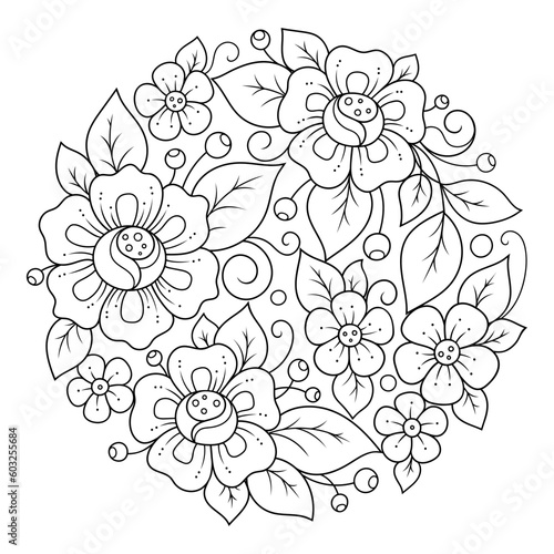 Fototapeta Naklejka Na Ścianę i Meble -  Outline round flower pattern in mehndi style for coloring book page. Antistress for adults and children. Doodle ornament in black and white. Hand draw vector illustration.
